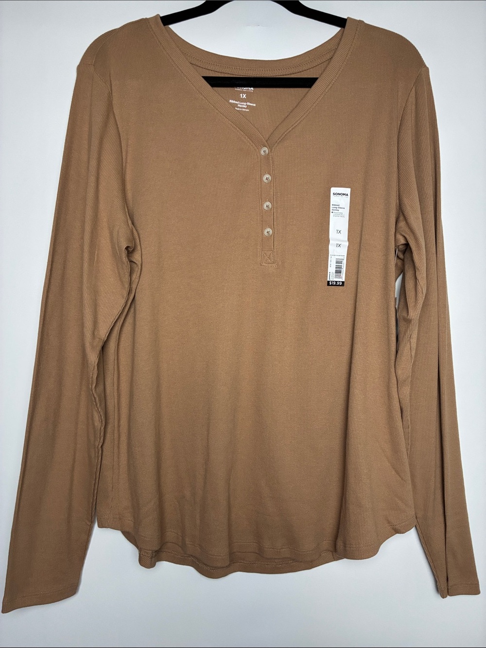 Sonoma Camel Long Sleeve Ribbed Henley Top